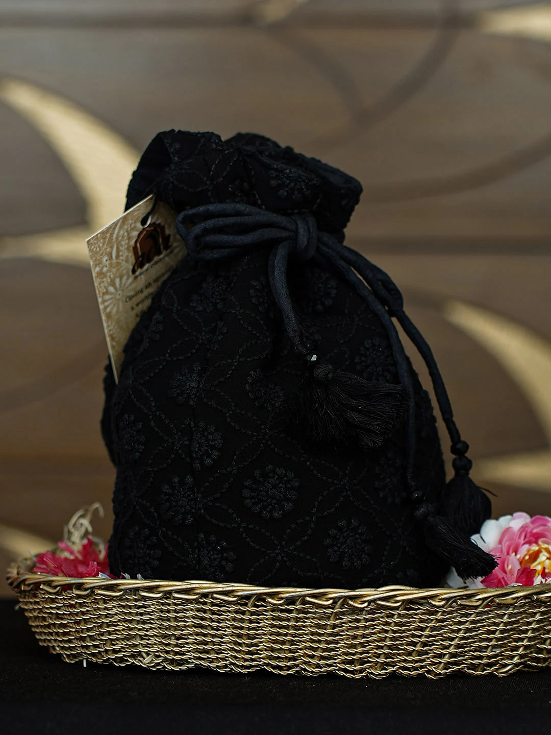 Ada Hand Embroidered Black Viscose Georgette Lucknowi Chikankari Potli Bag 01A959772