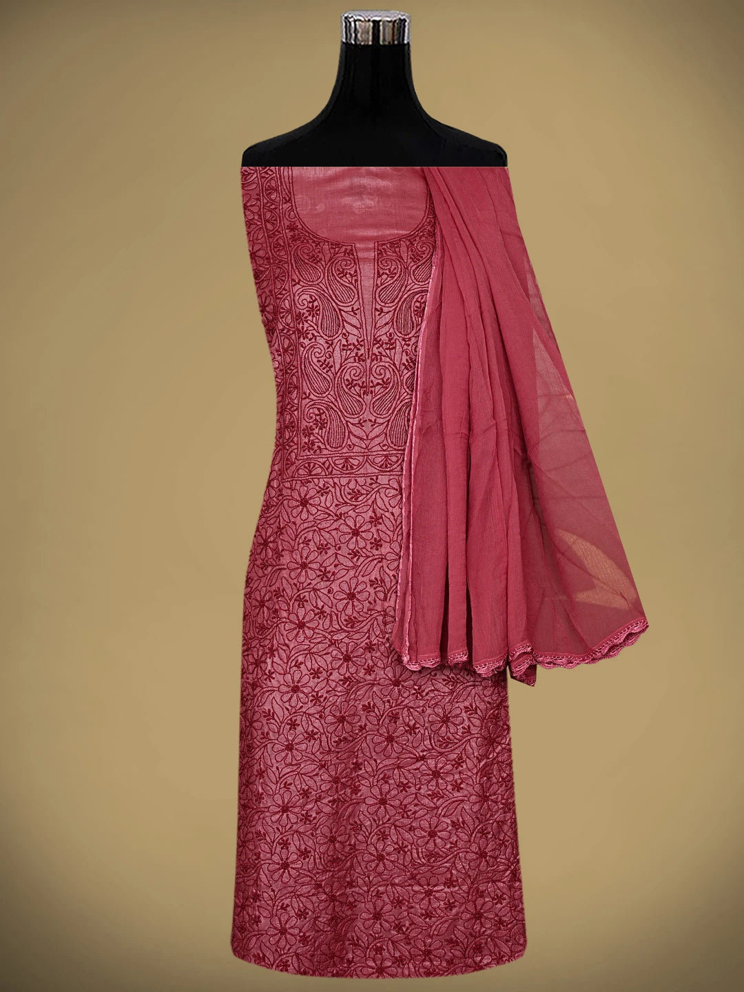 Ada Hand Embroidered Maroon Silk Lucknowi Chikankari Unstitched Suit Piece 01A965506