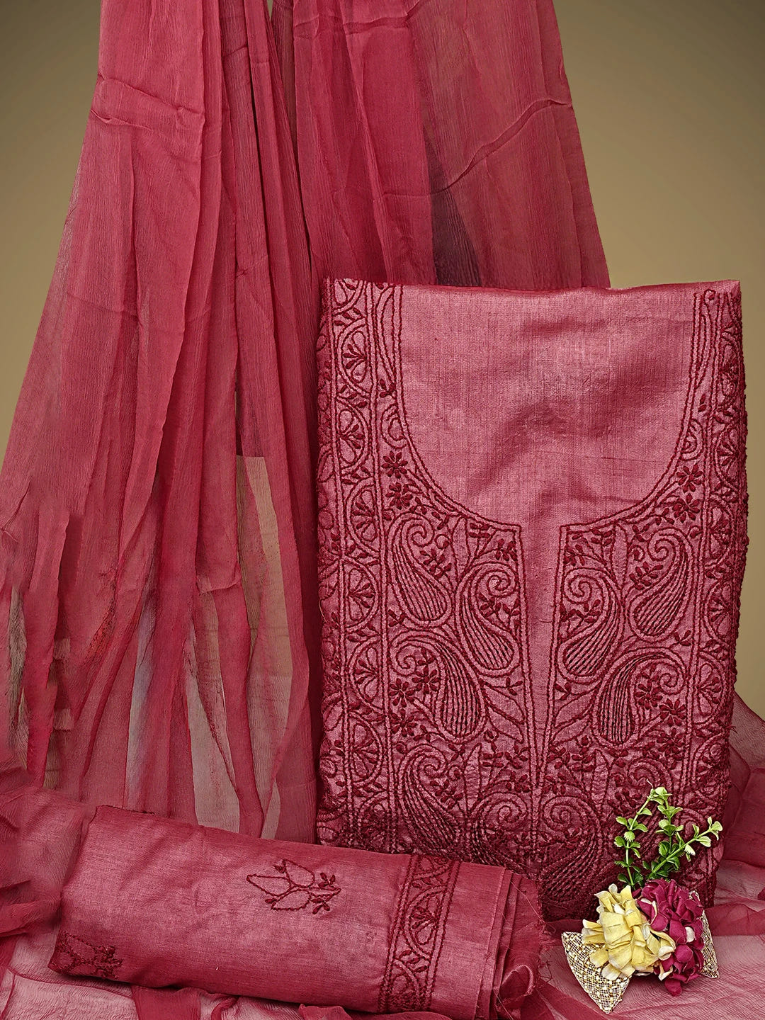 Ada Hand Embroidered Maroon Silk Lucknowi Chikankari Unstitched Suit Piece 01A965506