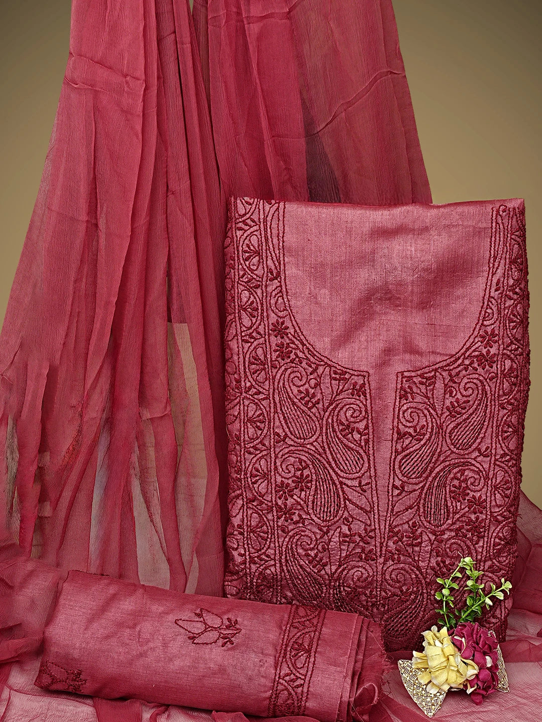 Ada Hand Embroidered Maroon Silk Lucknowi Chikankari Unstitched Suit Piece 01A965506