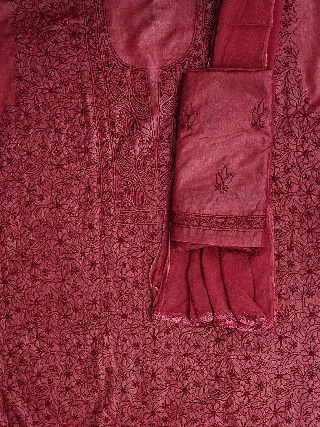 Ada Hand Embroidered Maroon Silk Lucknowi Chikankari Unstitched Suit Piece 01A965506