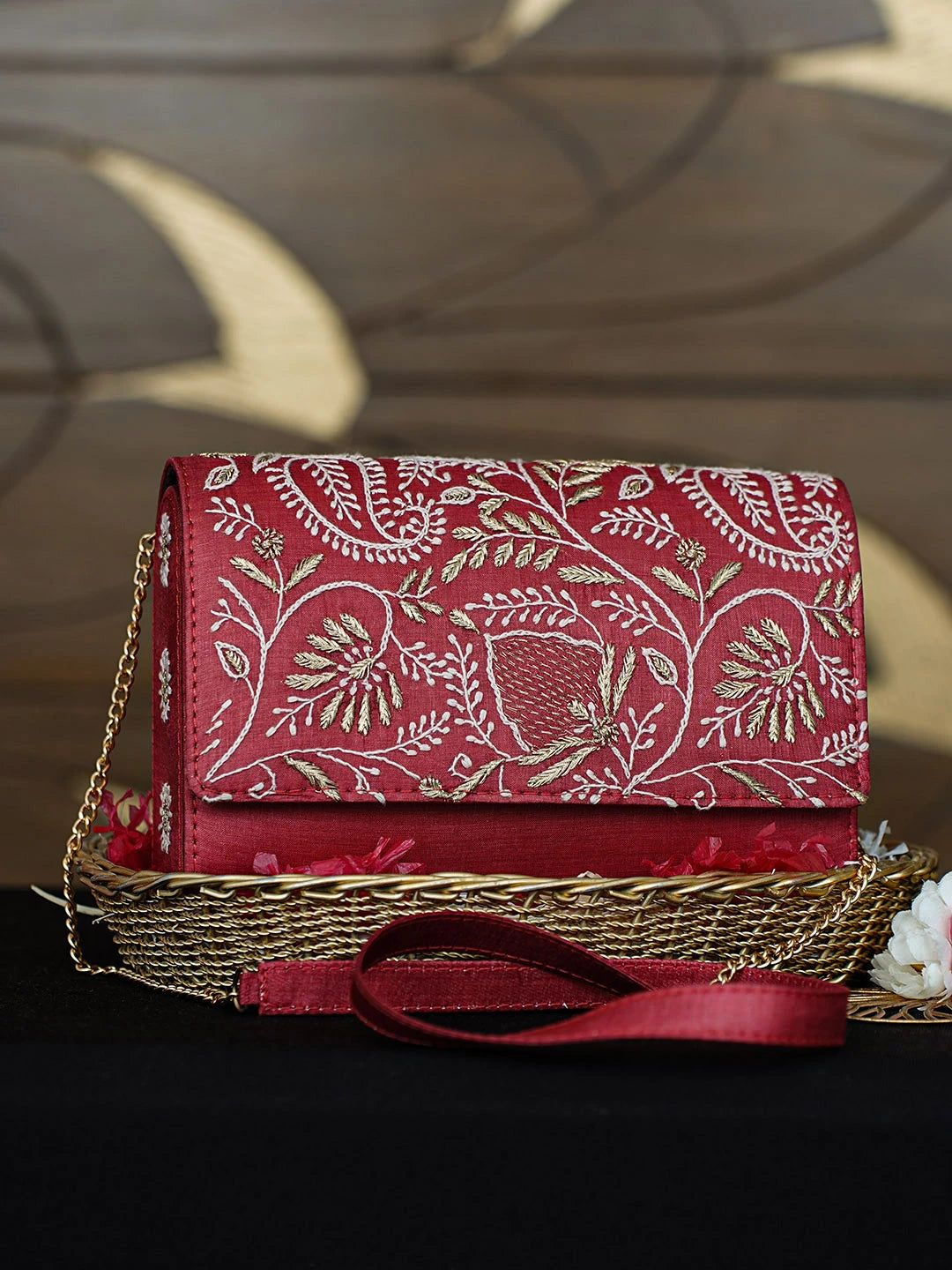 Ada Hand Embroidered Blushed Brick Red Silk Lucknowi Chikankari Clutch With Zari Work 01A967656