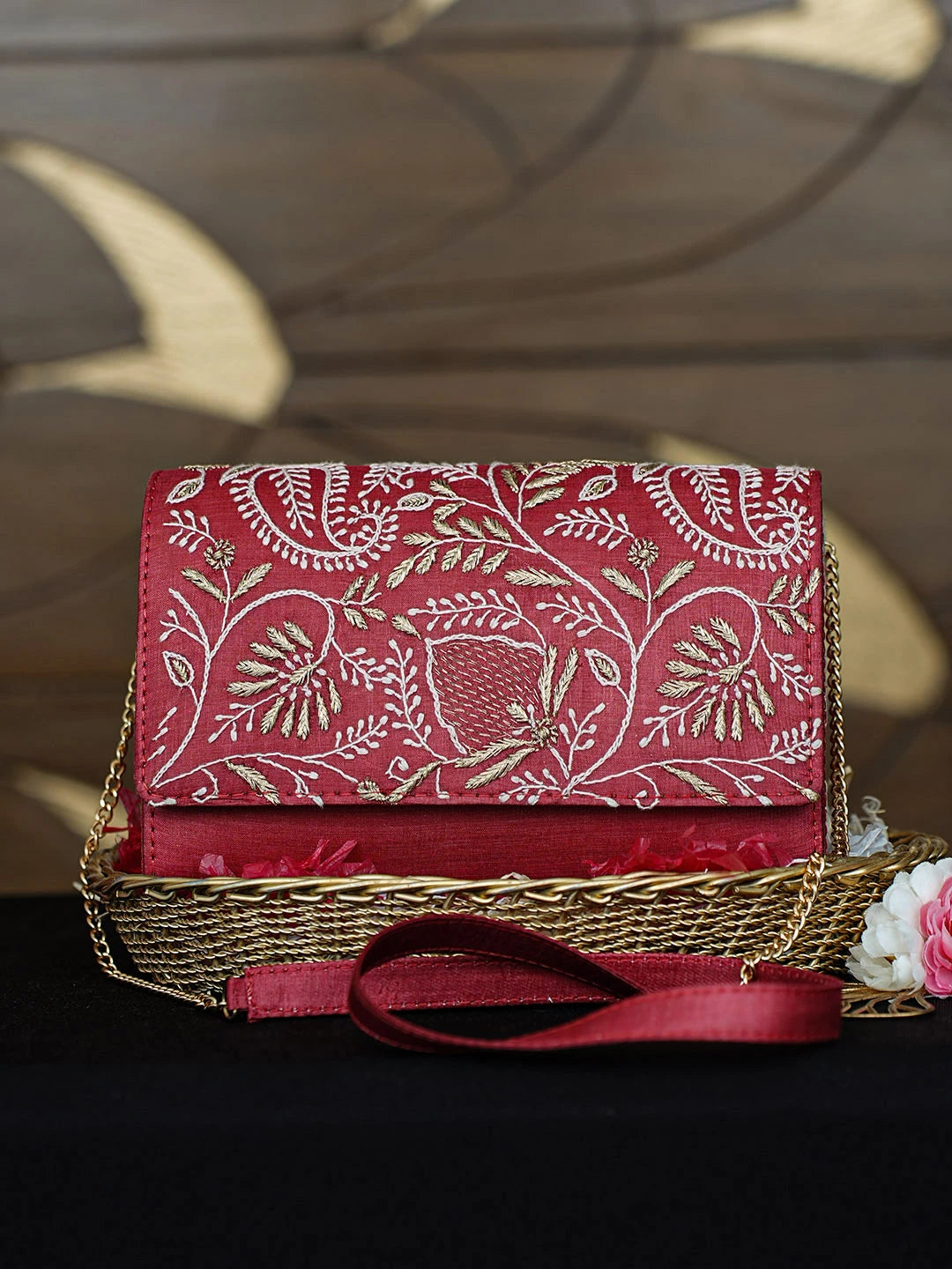 Ada Hand Embroidered Blushed Brick Red Silk Lucknowi Chikankari Clutch With Zari Work 01A967656