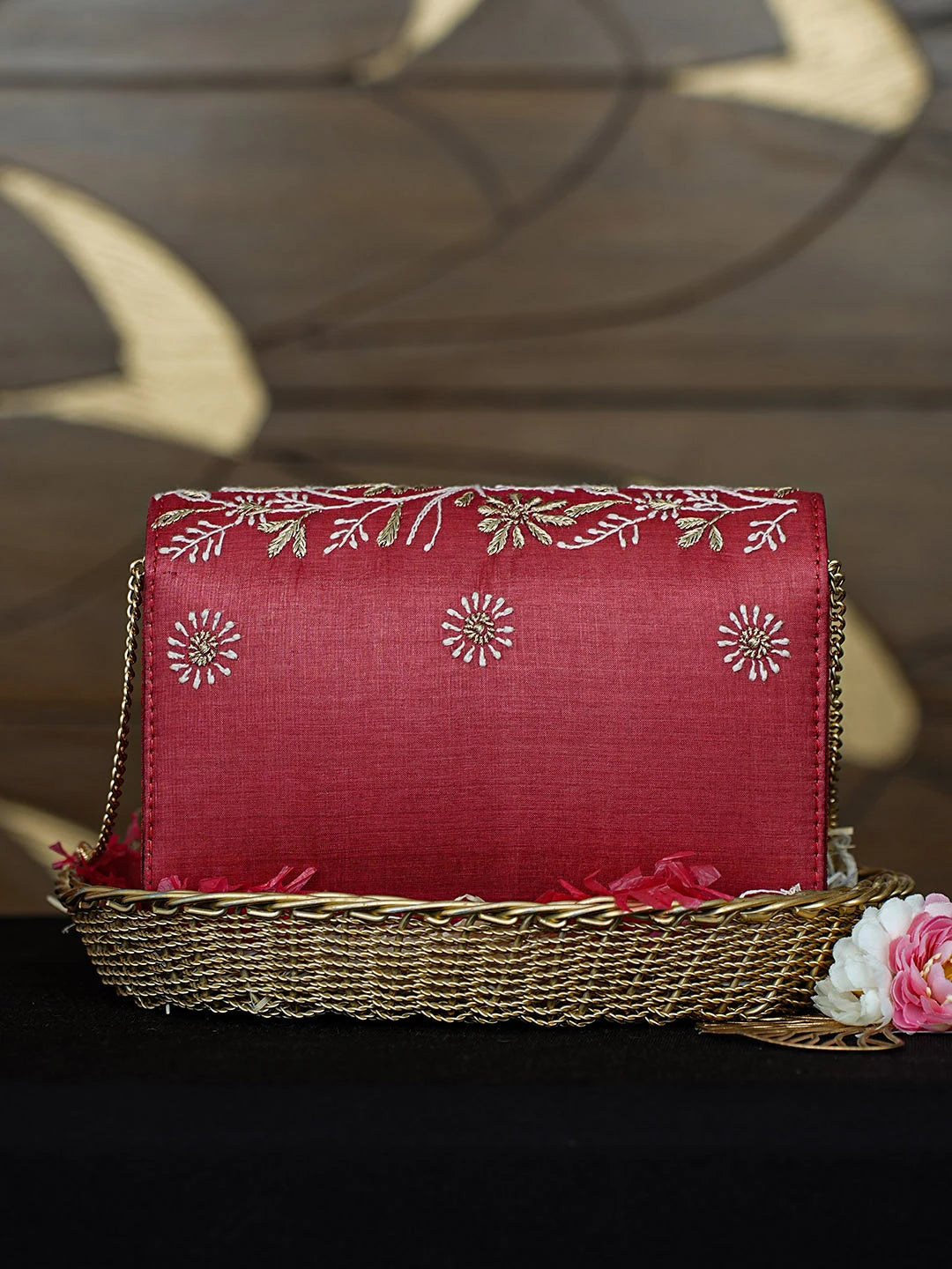 Ada Hand Embroidered Blushed Brick Red Silk Lucknowi Chikankari Clutch With Zari Work 01A967656
