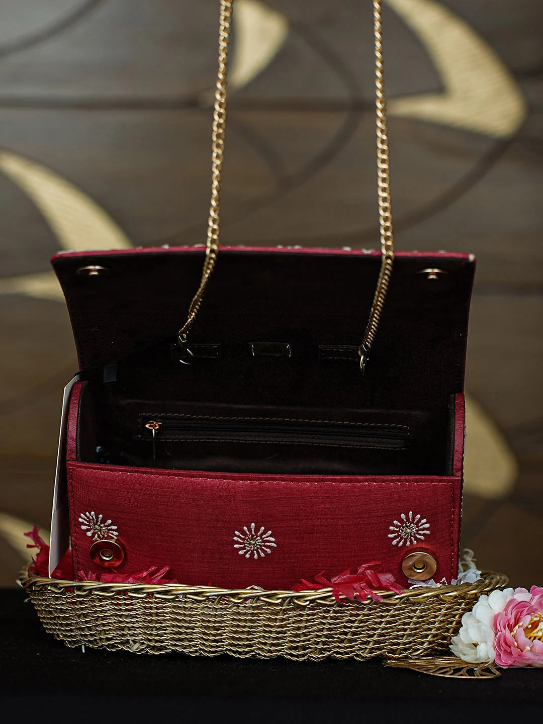 Ada Hand Embroidered Blushed Brick Red Silk Lucknowi Chikankari Clutch With Zari Work 01A967656