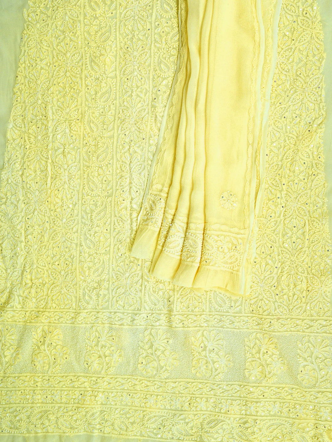 Ada Hand Embroidered Lemon Viscose Georgette Lucknowi Chikankari Unstitched Kurta Dupatta Set With Zari Work 01A957750