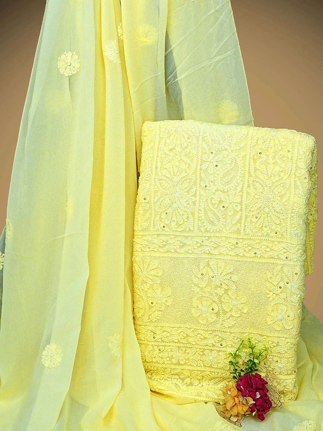 Ada Hand Embroidered Lemon Viscose Georgette Lucknowi Chikankari Unstitched Kurta Dupatta Set With Zari Work 01A957750