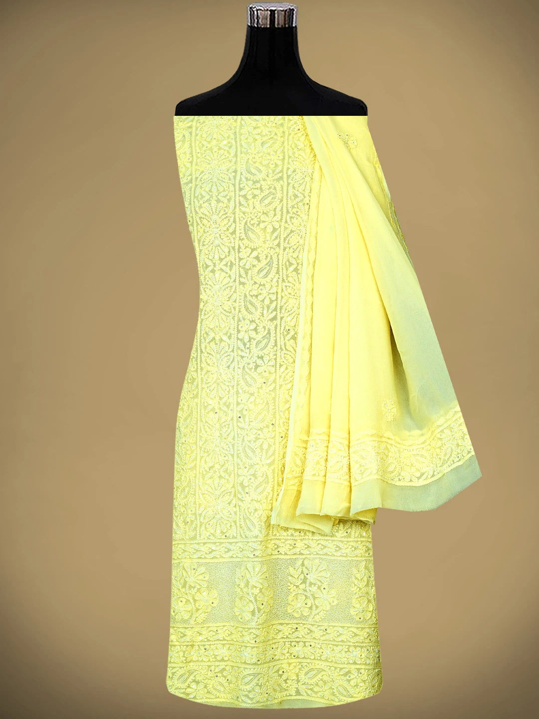 Ada Hand Embroidered Lemon Viscose Georgette Lucknowi Chikankari Unstitched Kurta Dupatta Set With Zari Work 01A957750