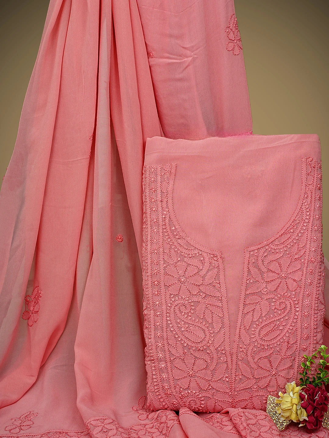 Ada Hand Embroidered Light Coral Viscose Georgette Lucknowi Chikankari Unstitched Kurta Dupatta Set 01A962557