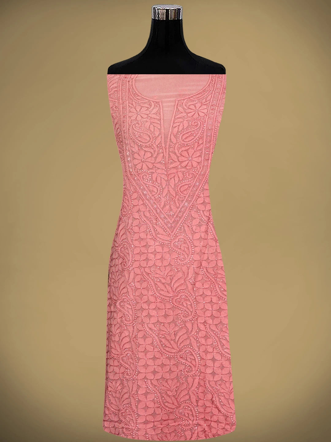 Ada Hand Embroidered Light Coral Viscose Georgette Lucknowi Chikankari Unstitched Kurta Dupatta Set 01A962557