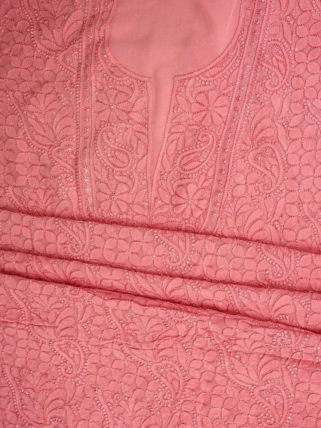 Ada Hand Embroidered Light Coral Viscose Georgette Lucknowi Chikankari Unstitched Kurta Dupatta Set 01A962557