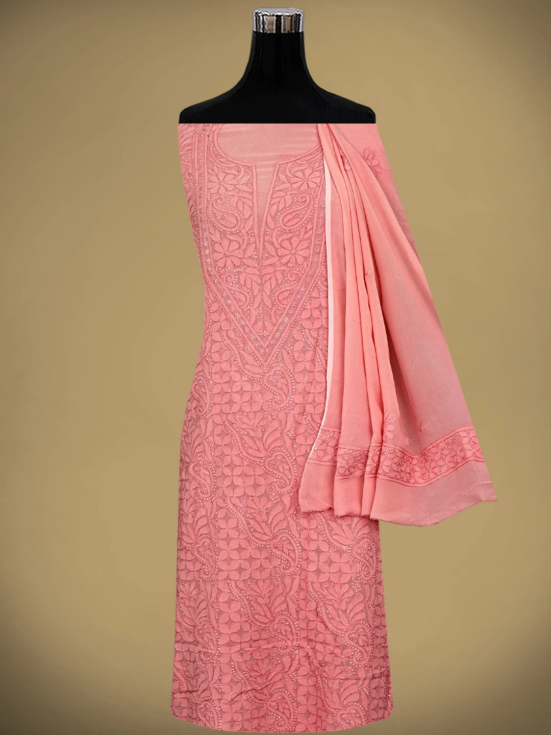 Ada Hand Embroidered Light Coral Viscose Georgette Lucknowi Chikankari Unstitched Kurta Dupatta Set 01A962557