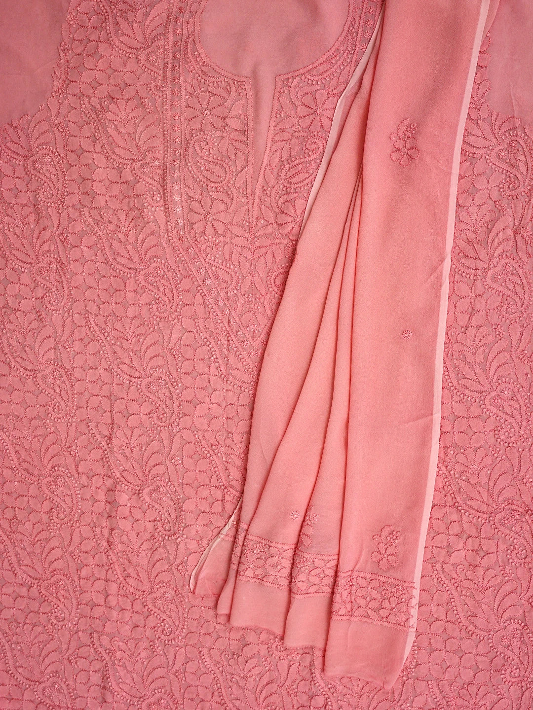 Ada Hand Embroidered Light Coral Viscose Georgette Lucknowi Chikankari Unstitched Kurta Dupatta Set 01A962557