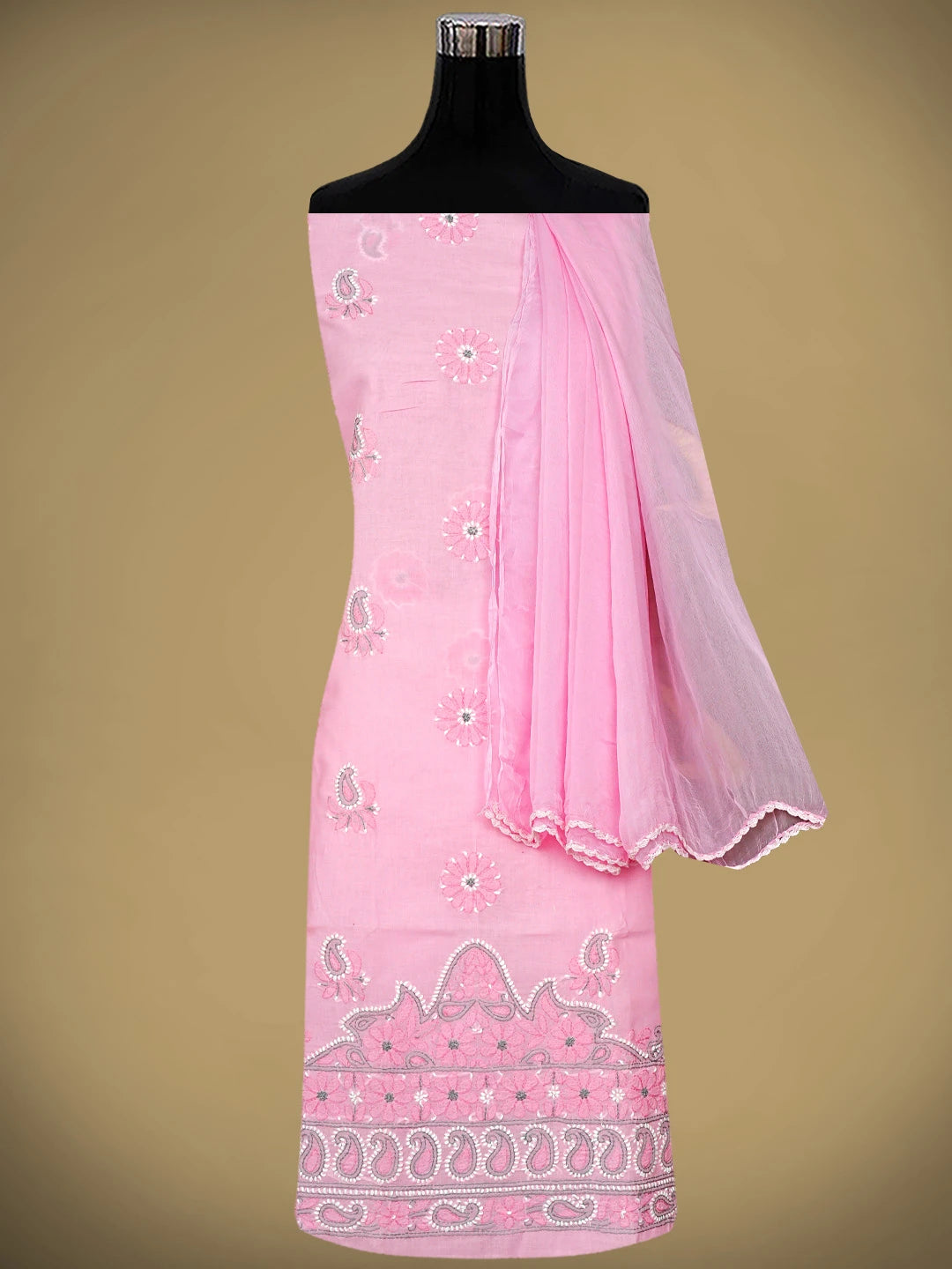 Ada Hand Embroidered Pink Cotton Lucknowi Chikankari Unstitched Suit Piece with Chiffon Dupatta 01A882480