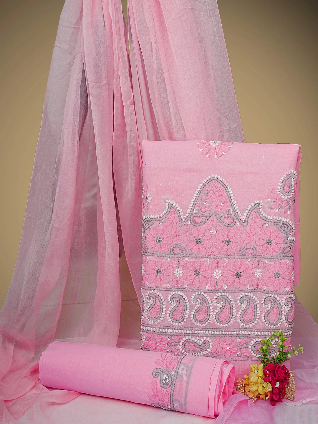 Ada Hand Embroidered Pink Cotton Lucknowi Chikankari Unstitched Suit Piece with Chiffon Dupatta 01A882480