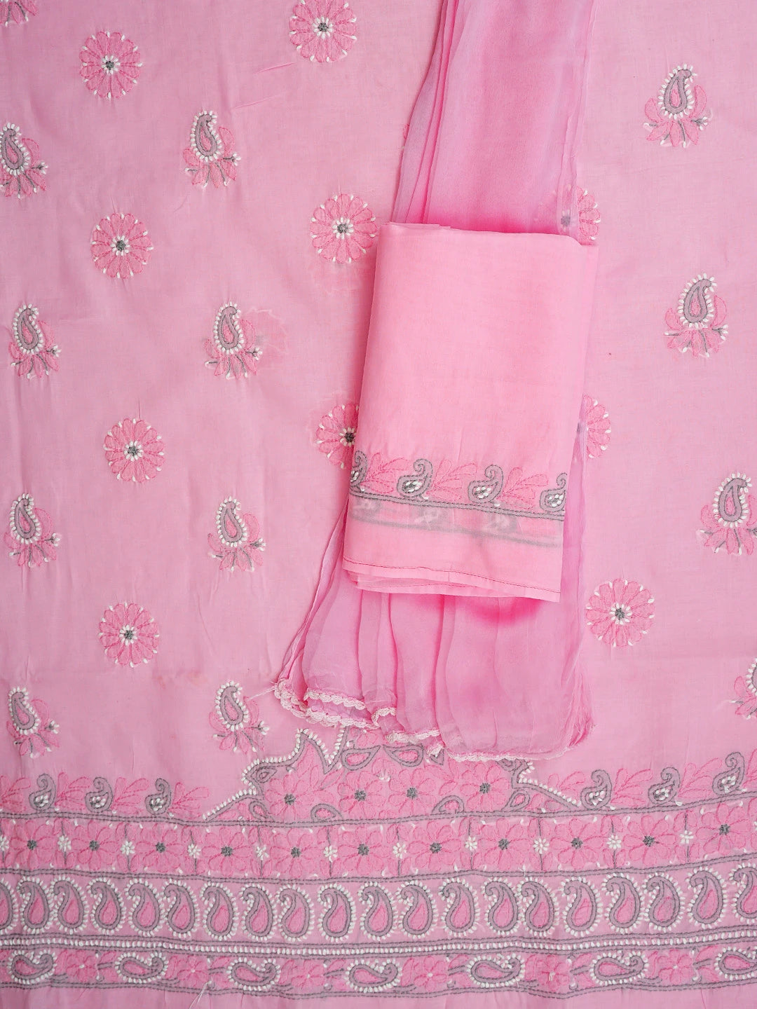 Ada Hand Embroidered Pink Cotton Lucknowi Chikankari Unstitched Suit Piece with Chiffon Dupatta 01A882480