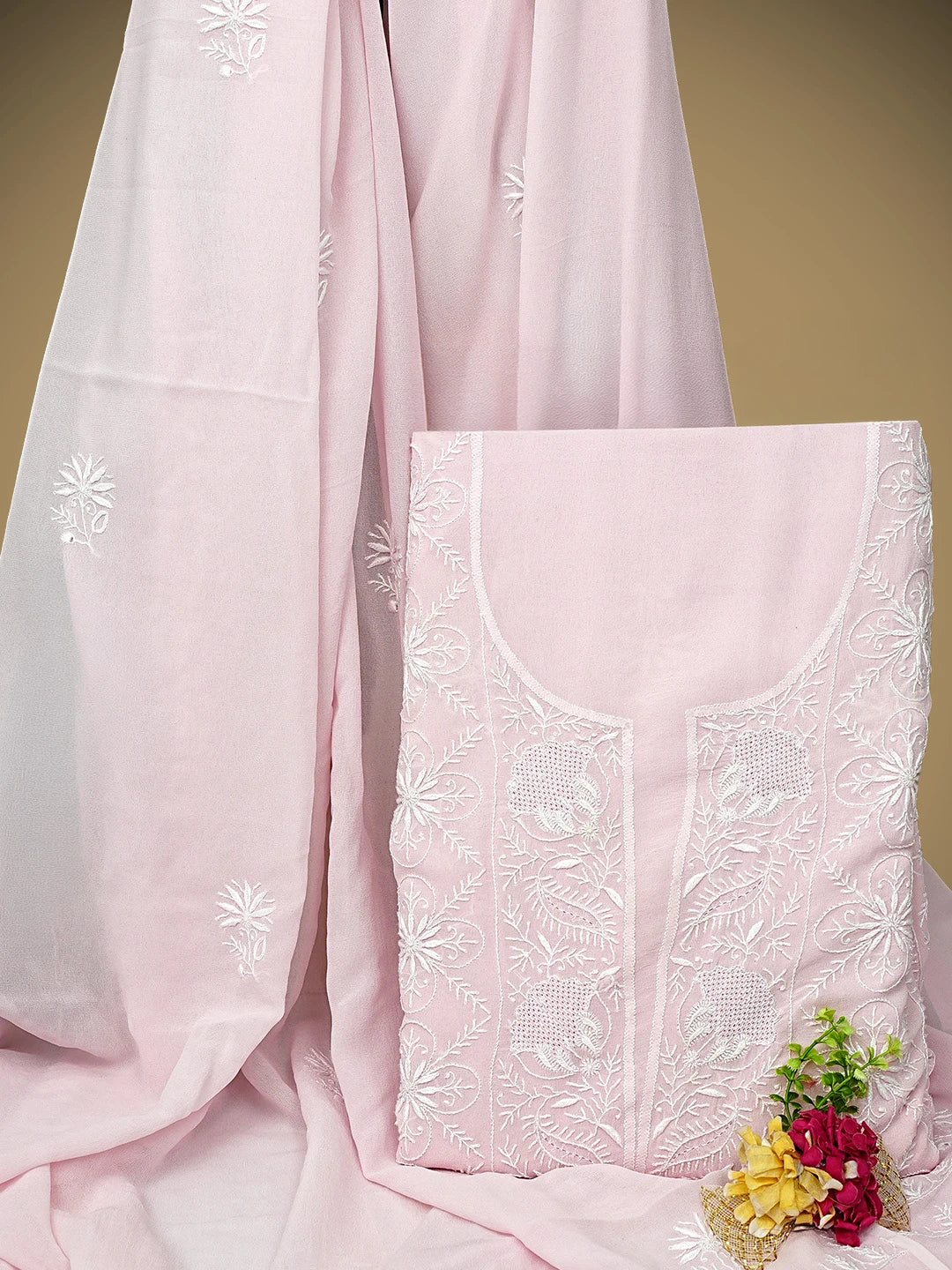 Ada Hand Embroidered Pink Pure Georgette Lucknowi Chikankari Unstitched Kurta Dupatta Set 01A908508