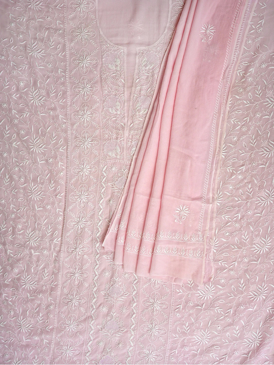 Ada Hand Embroidered Pink Pure Georgette Lucknowi Chikankari Unstitched Kurta Dupatta Set 01A908508