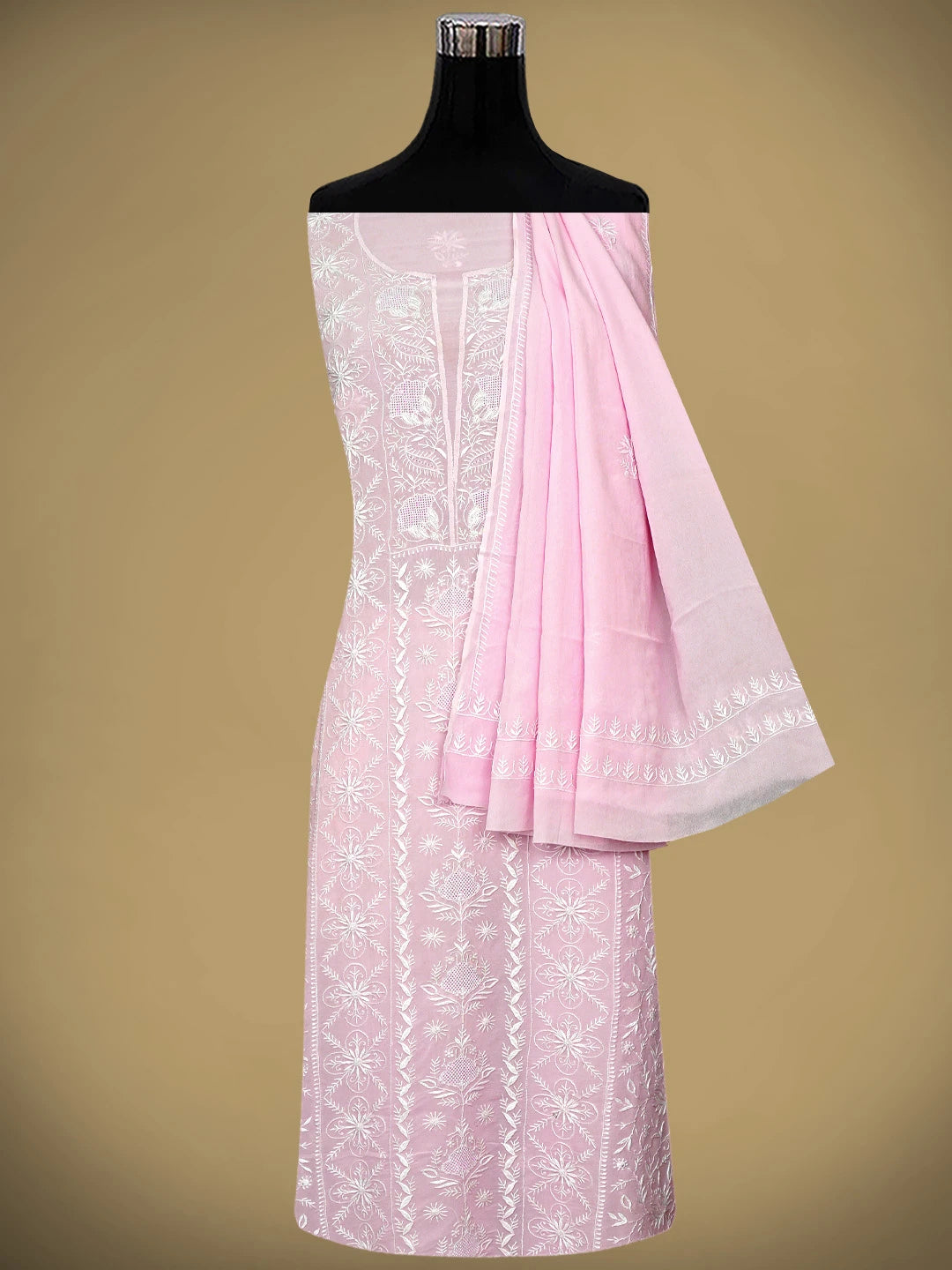 Ada Hand Embroidered Pink Pure Georgette Lucknowi Chikankari Unstitched Kurta Dupatta Set 01A908508