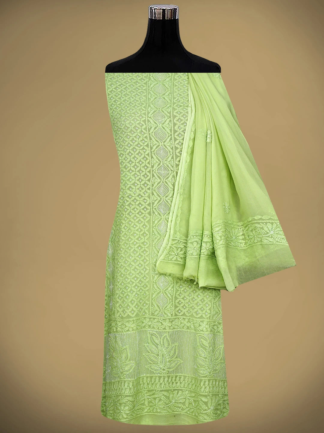 Ada Hand Embroidered Pista Green Viscose Georgette Lucknowi Chikankari Unstitched Kurta Dupatta Set With Cutdana Work 01A957827