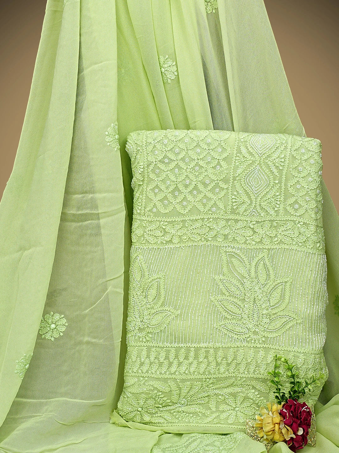 Ada Hand Embroidered Pista Green Viscose Georgette Lucknowi Chikankari Unstitched Kurta Dupatta Set With Cutdana Work 01A957827