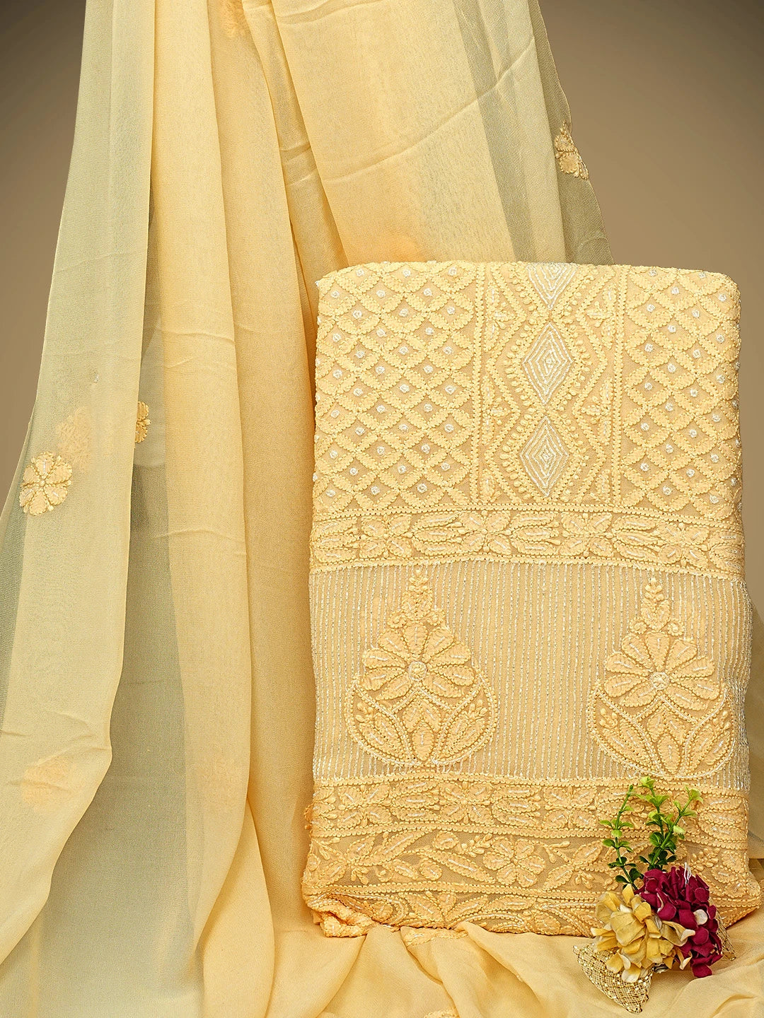 Ada Hand Embroidered Peach Viscose Georgette Lucknowi Chikankari Unstitched Kurta Dupatta Set With Cutdana Work 01A957780