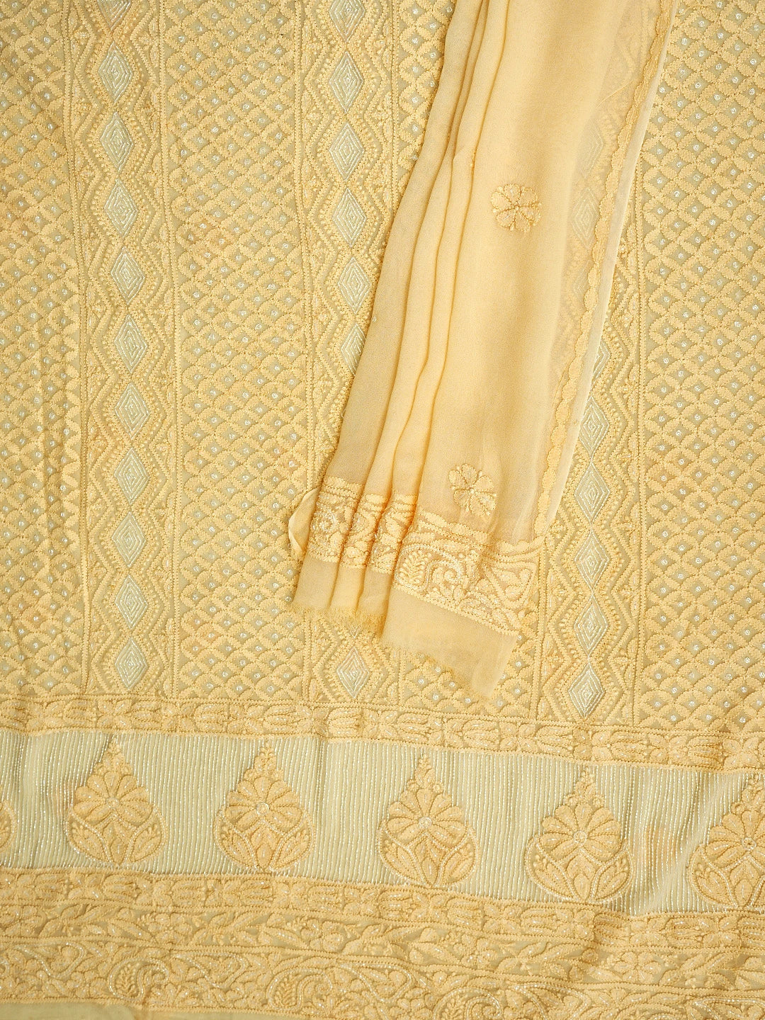 Ada Hand Embroidered Peach Viscose Georgette Lucknowi Chikankari Unstitched Kurta Dupatta Set With Cutdana Work 01A957780