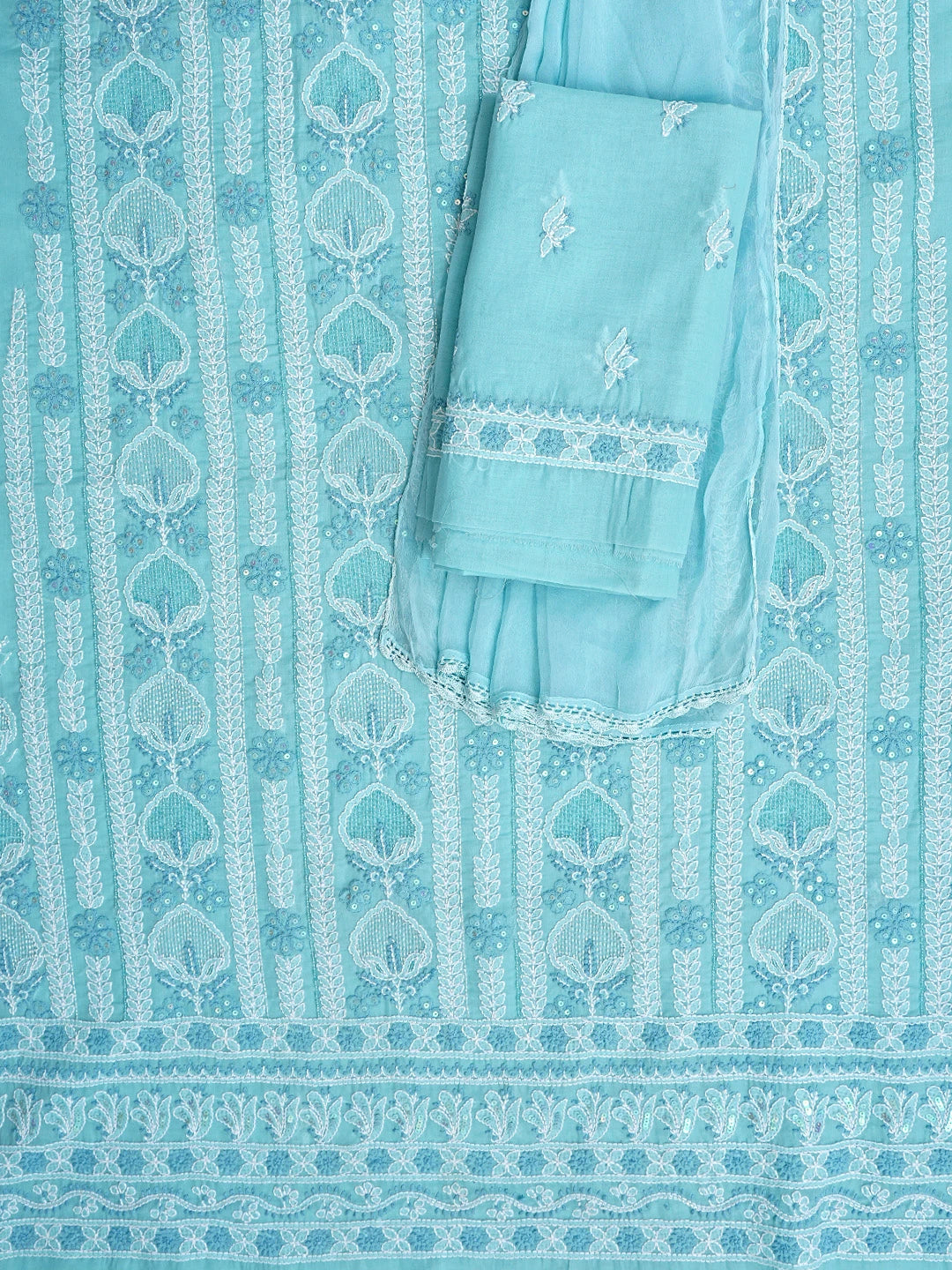 Ada Hand Embroidered Blue Cotton Lucknowi Chikankari Unstitched Suit Piece with Cutdana Work 01A651583