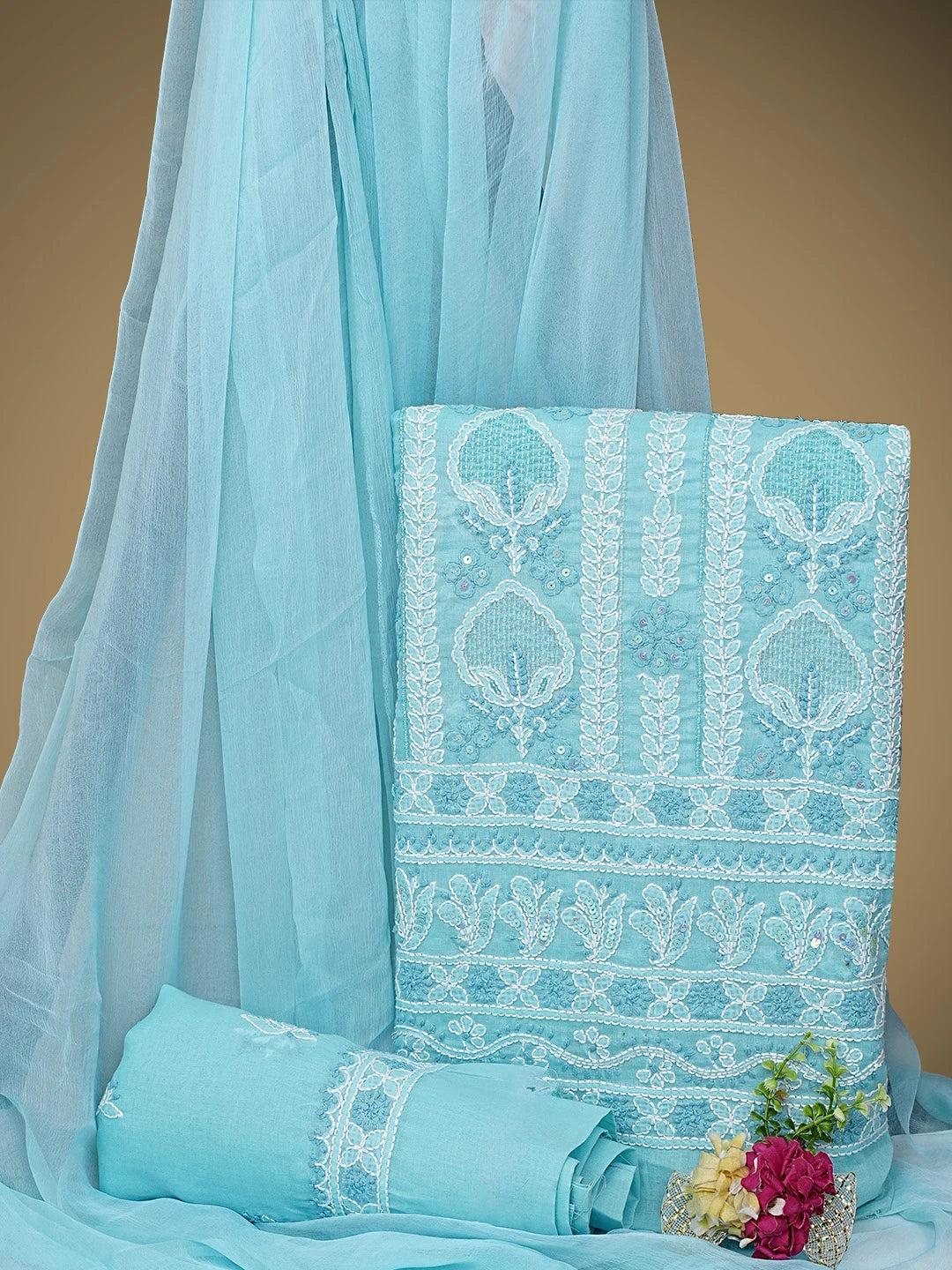Ada Hand Embroidered Blue Cotton Lucknowi Chikankari Unstitched Suit Piece with Cutdana Work 01A651583