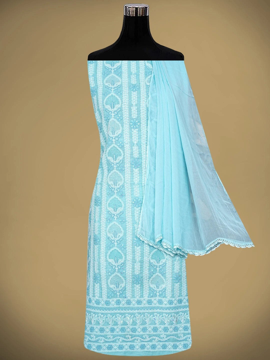 Ada Hand Embroidered Blue Cotton Lucknowi Chikankari Unstitched Suit Piece with Cutdana Work 01A651583