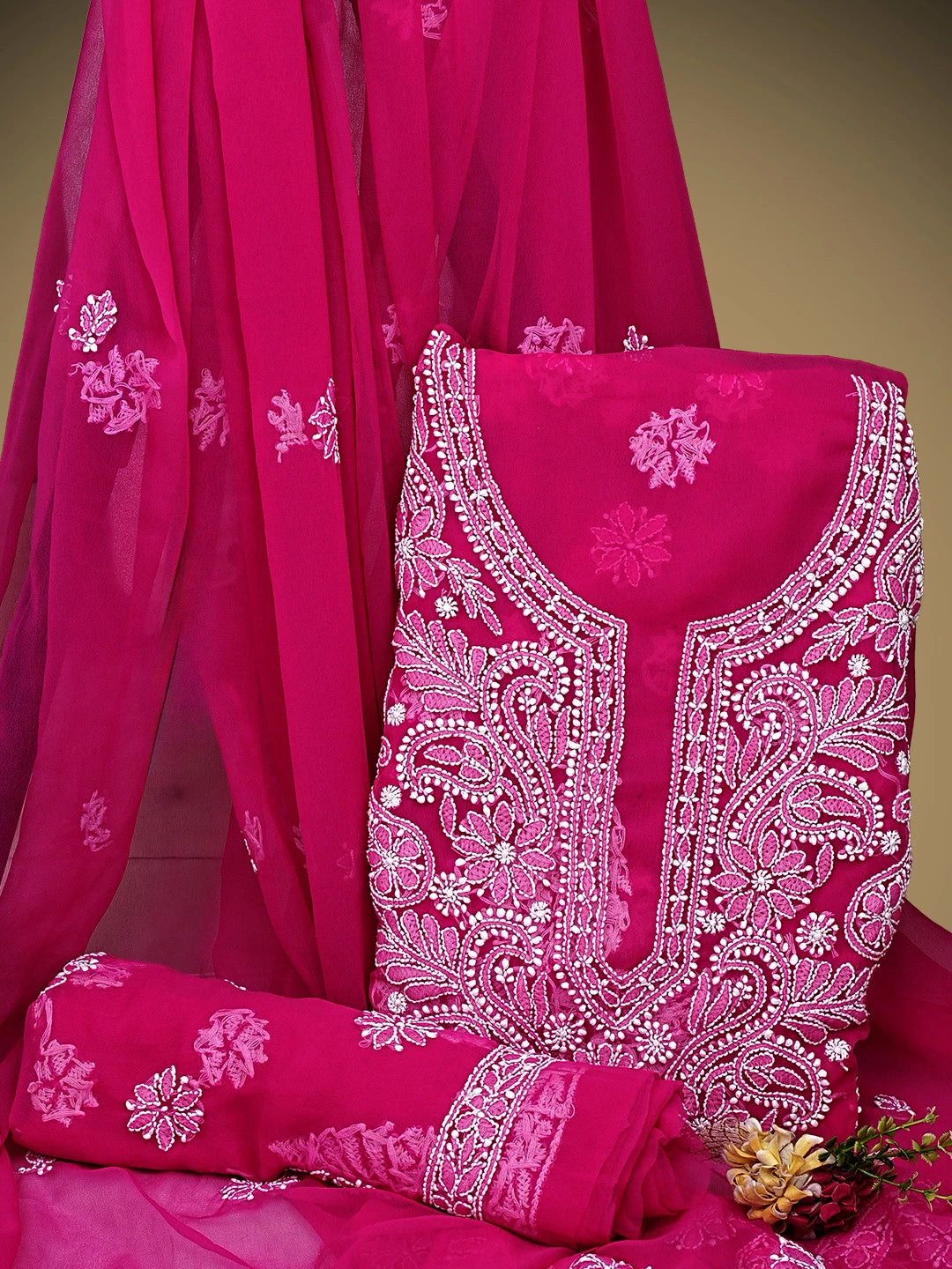 Ada Hand Embroidered Magenta Georgette Lucknowi Chikankari Unstitched Suit Piece 01A955615