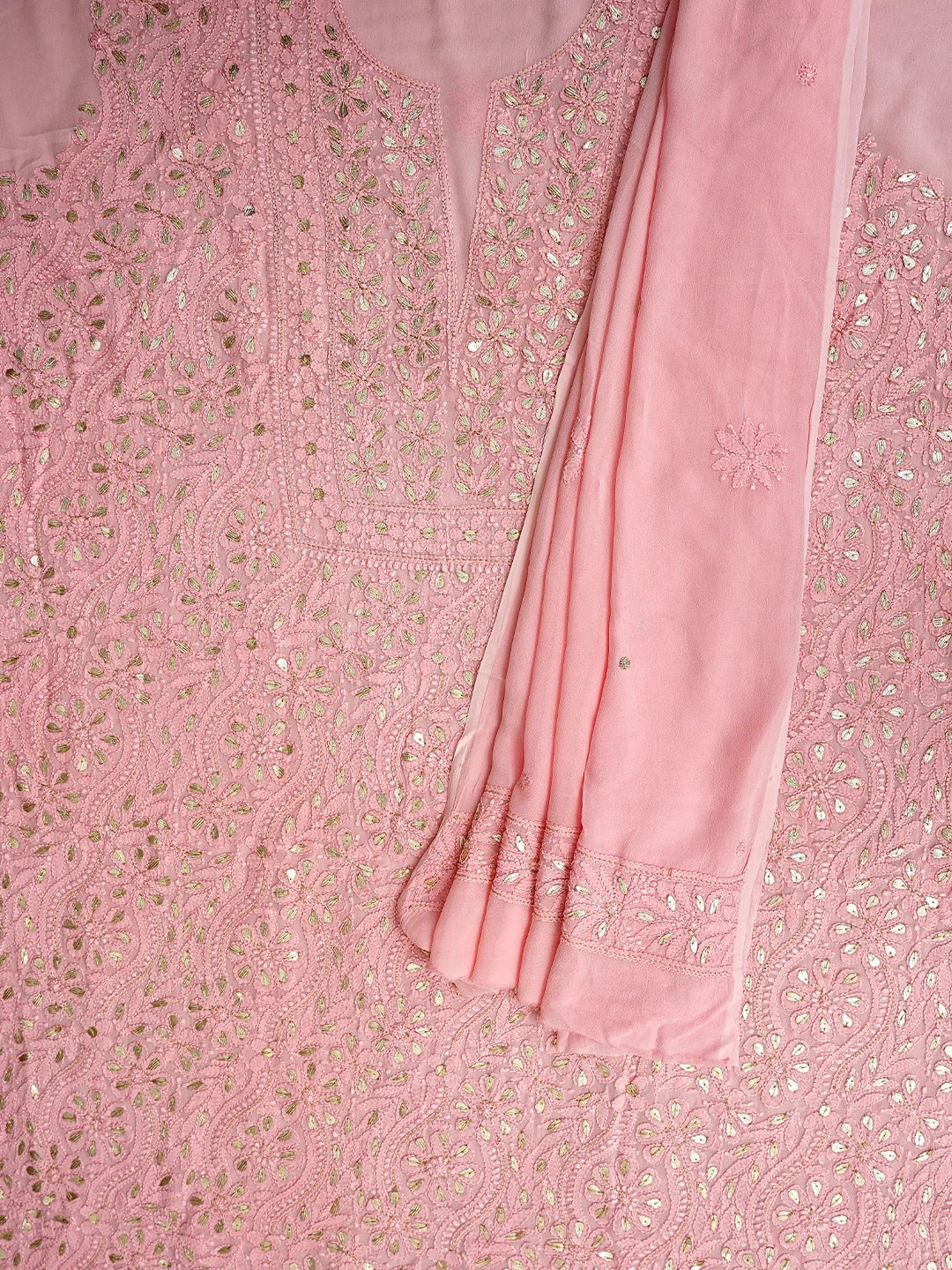 Ada Hand Embroidered Light Coral Viscose Georgette Lucknowi Chikankari Unstitched Kurta Dupatta Set With Gota Patti Work 01A962627