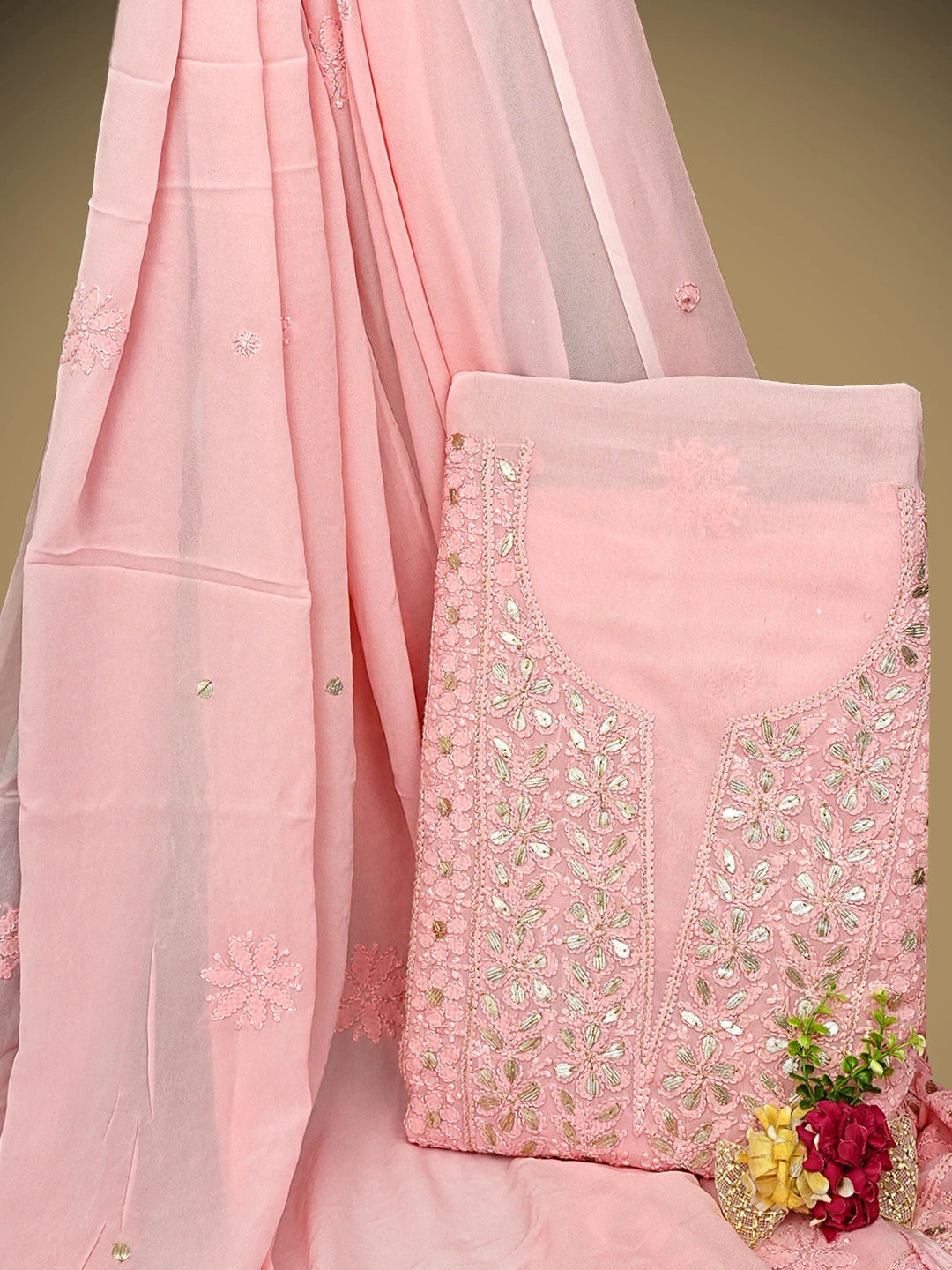 Ada Hand Embroidered Light Coral Viscose Georgette Lucknowi Chikankari Unstitched Kurta Dupatta Set With Gota Patti Work 01A962627