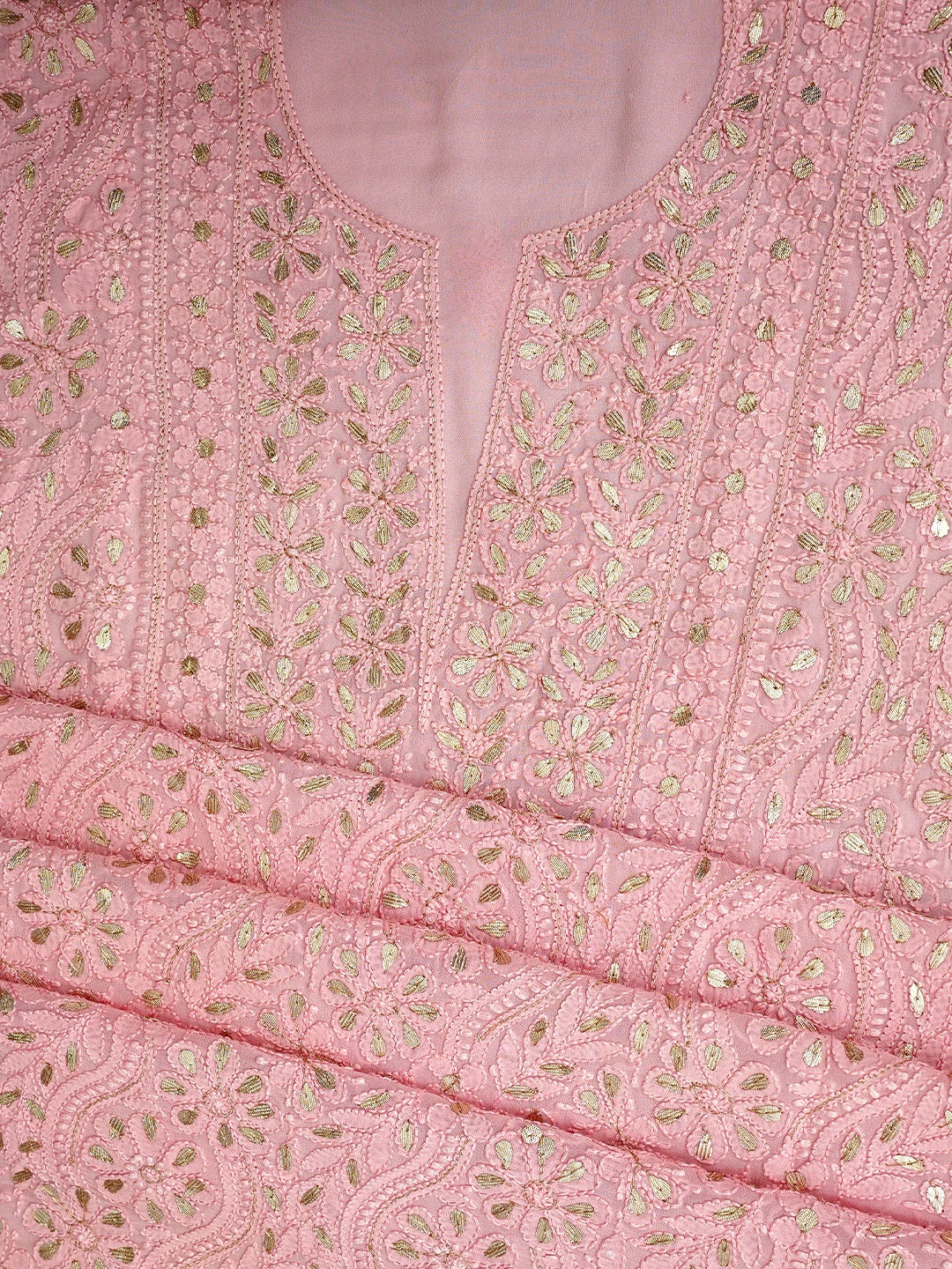 Ada Hand Embroidered Light Coral Viscose Georgette Lucknowi Chikankari Unstitched Kurta Dupatta Set With Gota Patti Work 01A962627