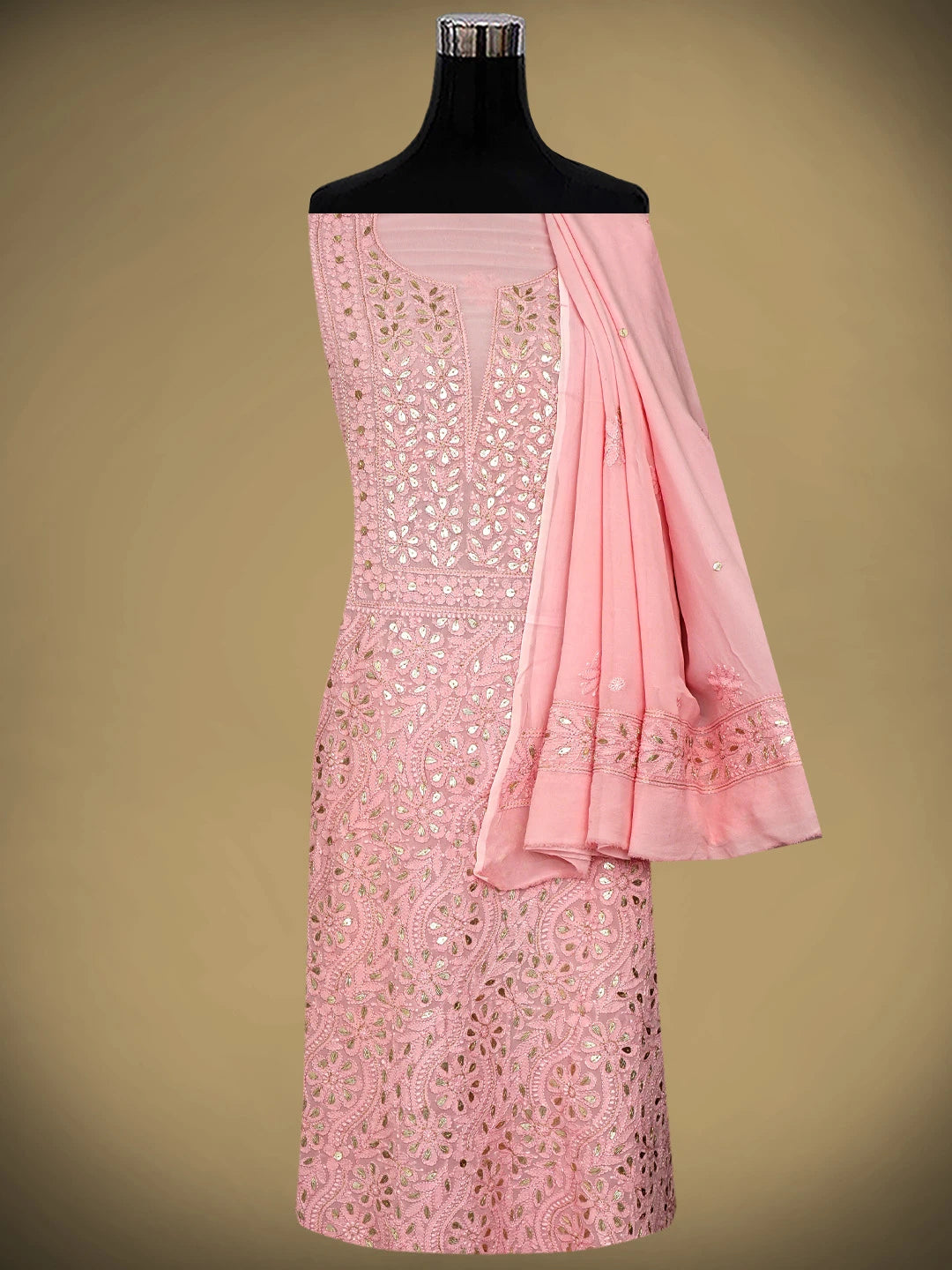 Ada Hand Embroidered Light Coral Viscose Georgette Lucknowi Chikankari Unstitched Kurta Dupatta Set With Gota Patti Work 01A962627