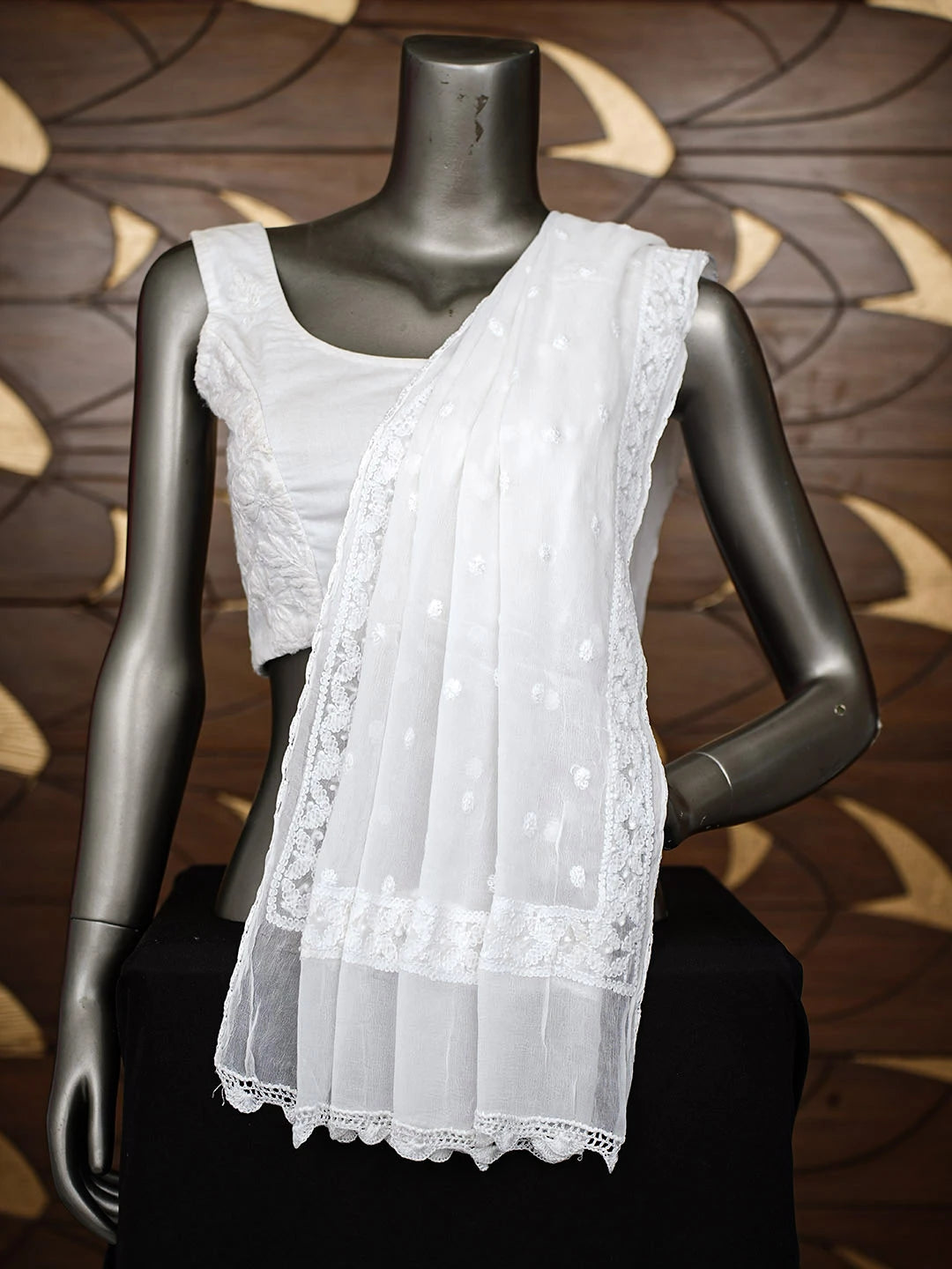 Ada Hand Embroidered White Chiffon Lucknowi Chikankari Dupatta 01A968337
