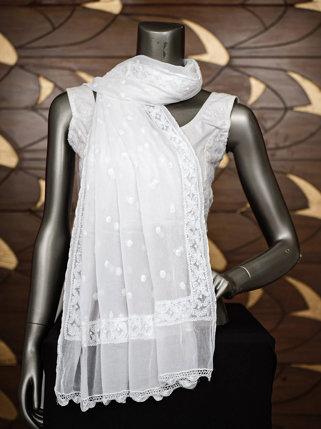 Ada Hand Embroidered White Chiffon Lucknowi Chikankari Dupatta 01A968337