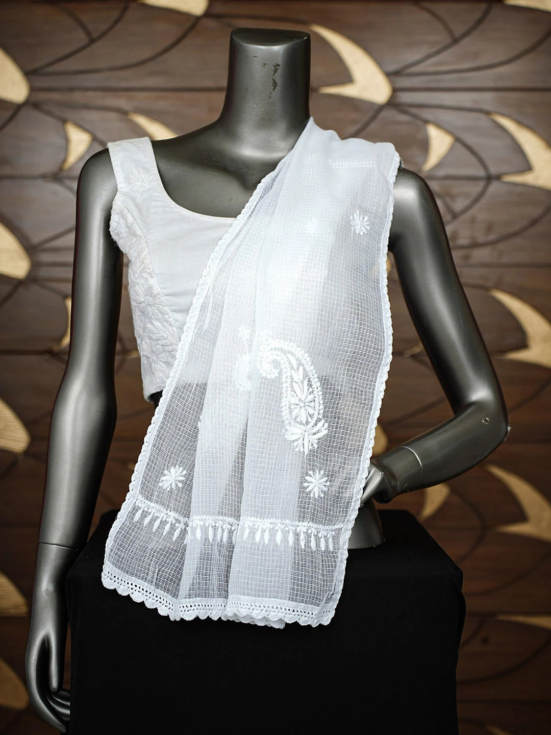 Ada Hand Embroidered White Kota Lucknowi Chikankari Dupatta 01A963737