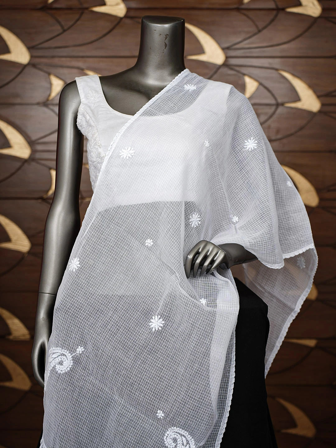 Ada Hand Embroidered White Kota Lucknowi Chikankari Dupatta 01A963737