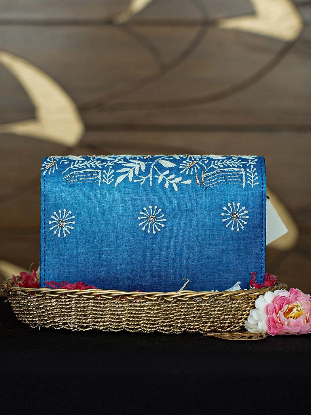 Ada Hand Embroidered Blue Silk Lucknowi Chikankari Clutch With Zari Work 01A967655