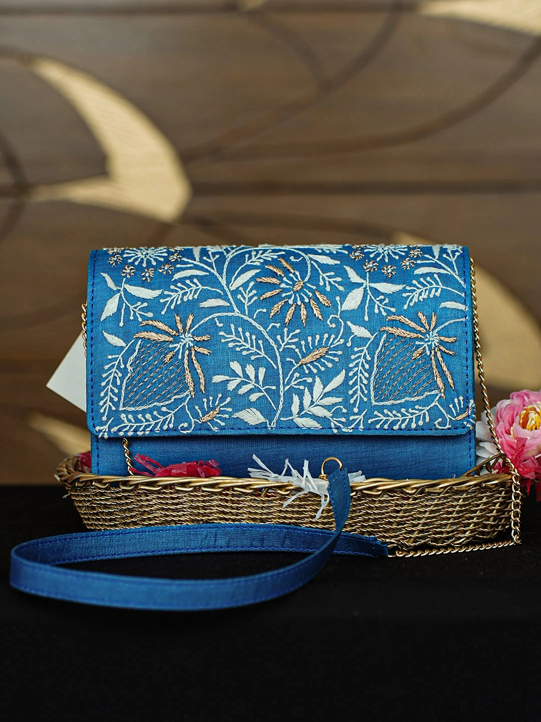 Ada Hand Embroidered Blue Silk Lucknowi Chikankari Clutch With Zari Work 01A967655