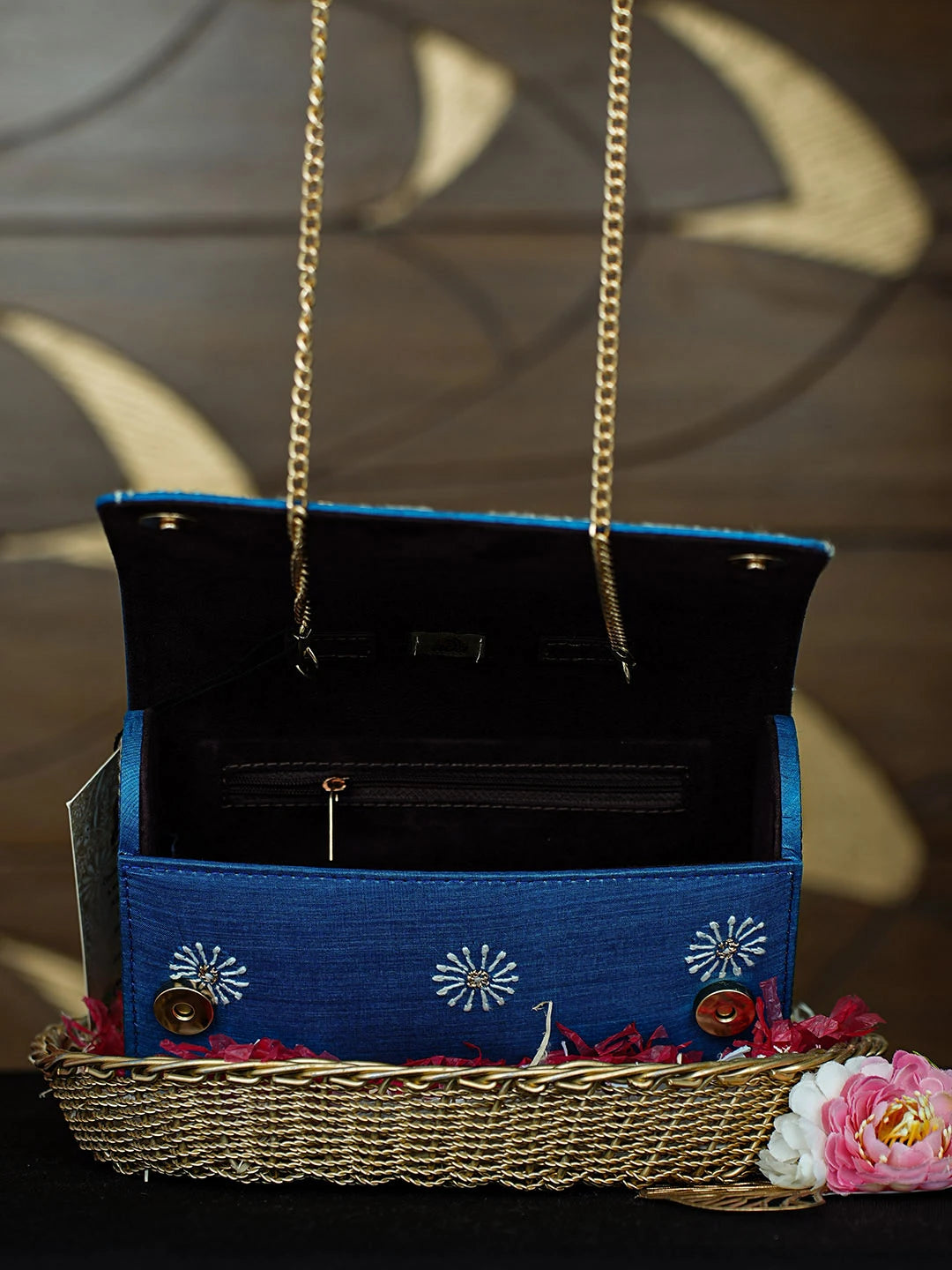 Ada Hand Embroidered Blue Silk Lucknowi Chikankari Clutch With Zari Work 01A967655