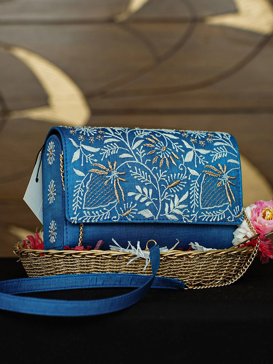 Ada Hand Embroidered Blue Silk Lucknowi Chikankari Clutch With Zari Work 01A967655