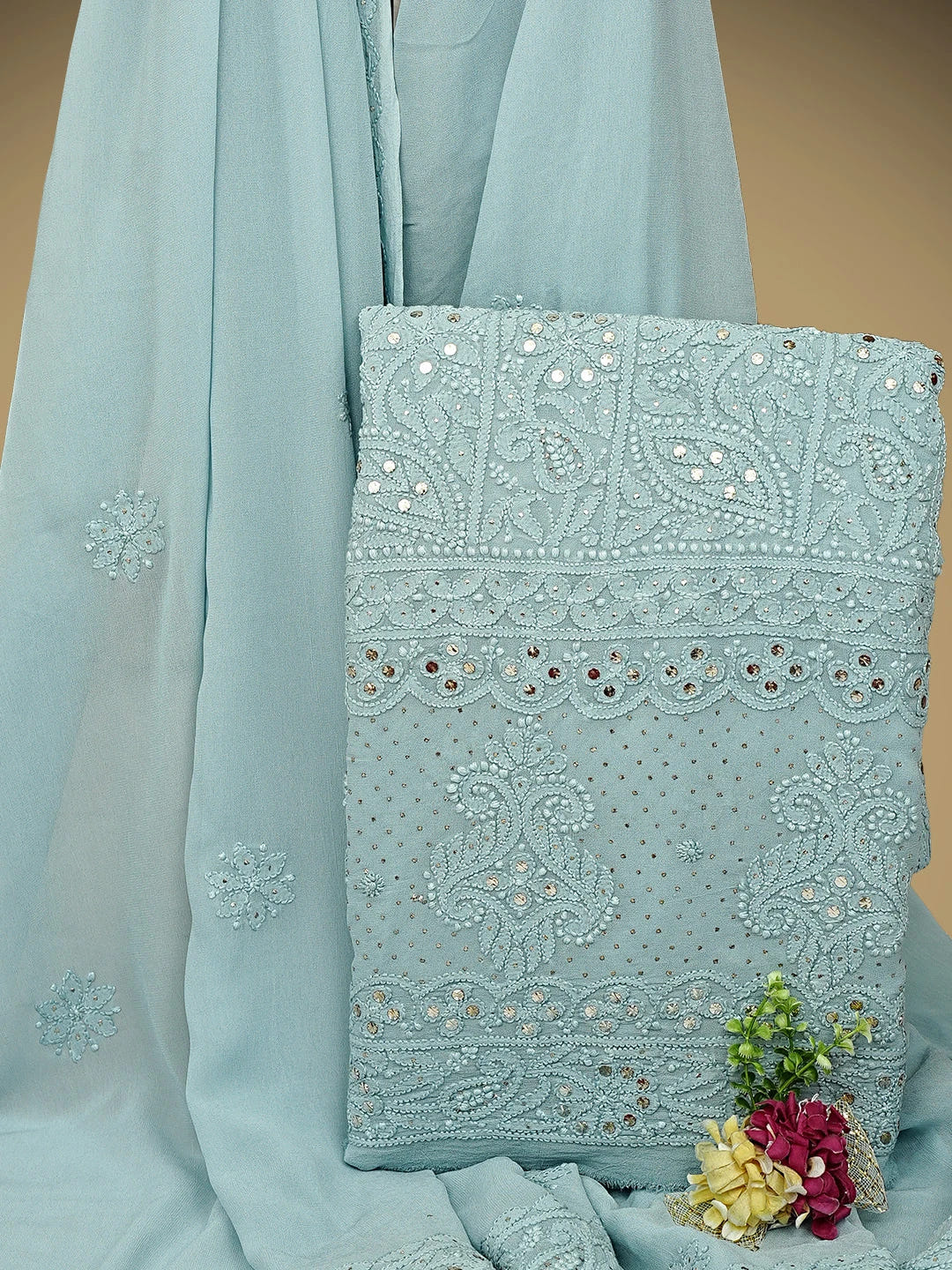 Ada Hand Embroidered Grey Viscose Georgette Lucknowi Chikankari Unstitched Kurta Dupatta Set With Muqaish/Mukaish Work 01A967033