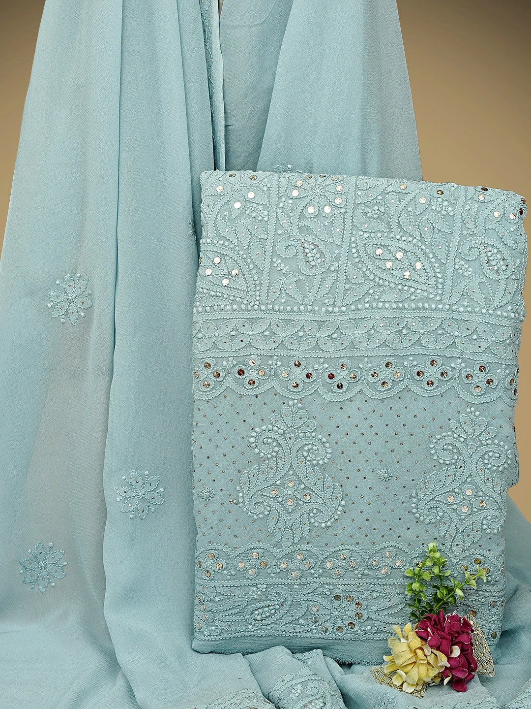 Ada Hand Embroidered Grey Viscose Georgette Lucknowi Chikankari Unstitched Kurta Dupatta Set With Muqaish/Mukaish Work 01A967033