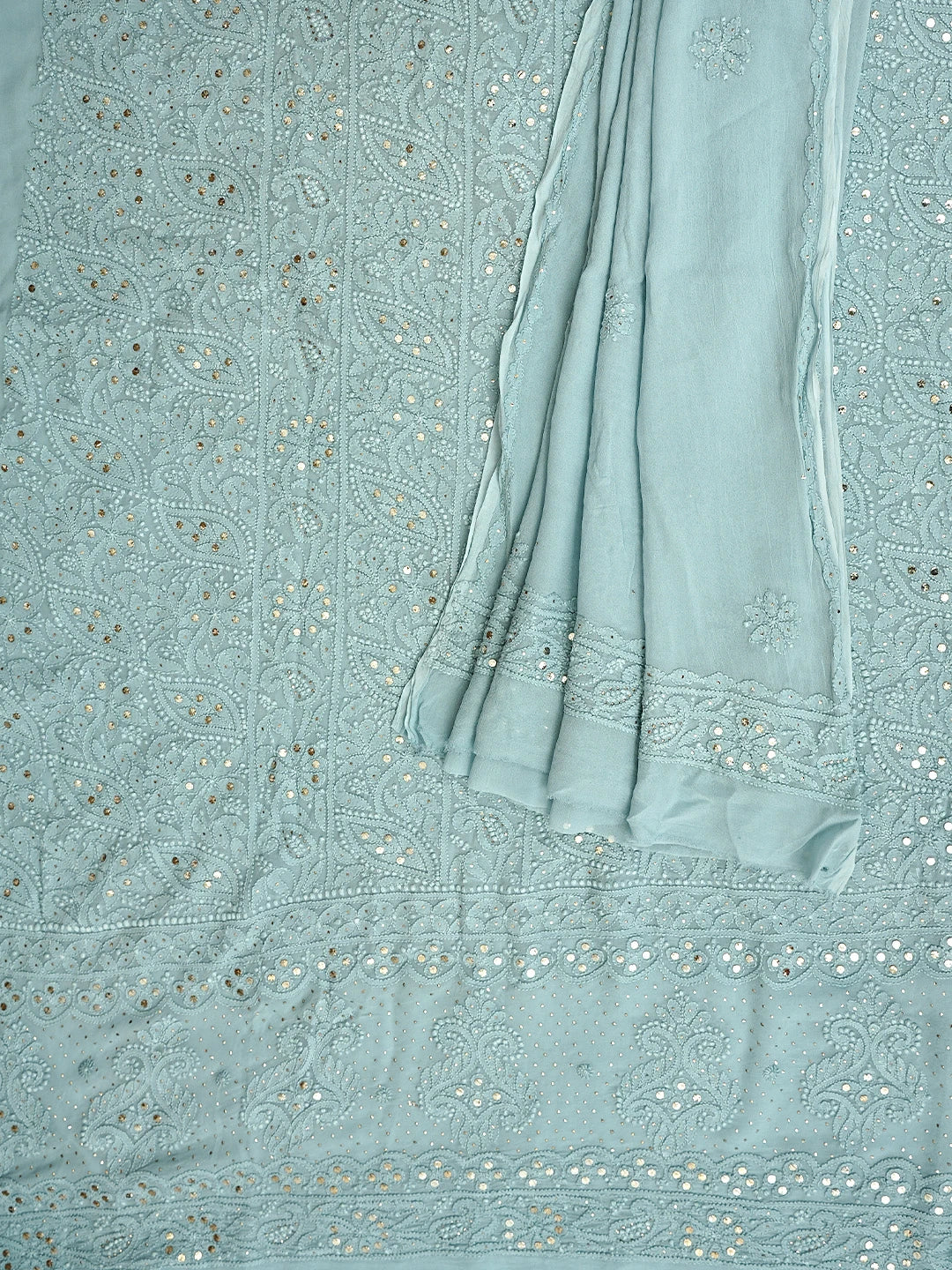 Ada Hand Embroidered Grey Viscose Georgette Lucknowi Chikankari Unstitched Kurta Dupatta Set With Muqaish/Mukaish Work 01A967033