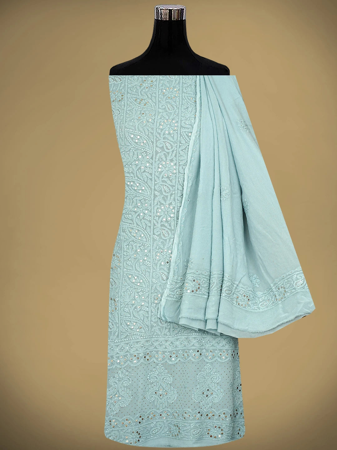 Ada Hand Embroidered Grey Viscose Georgette Lucknowi Chikankari Unstitched Kurta Dupatta Set With Muqaish/Mukaish Work 01A967033