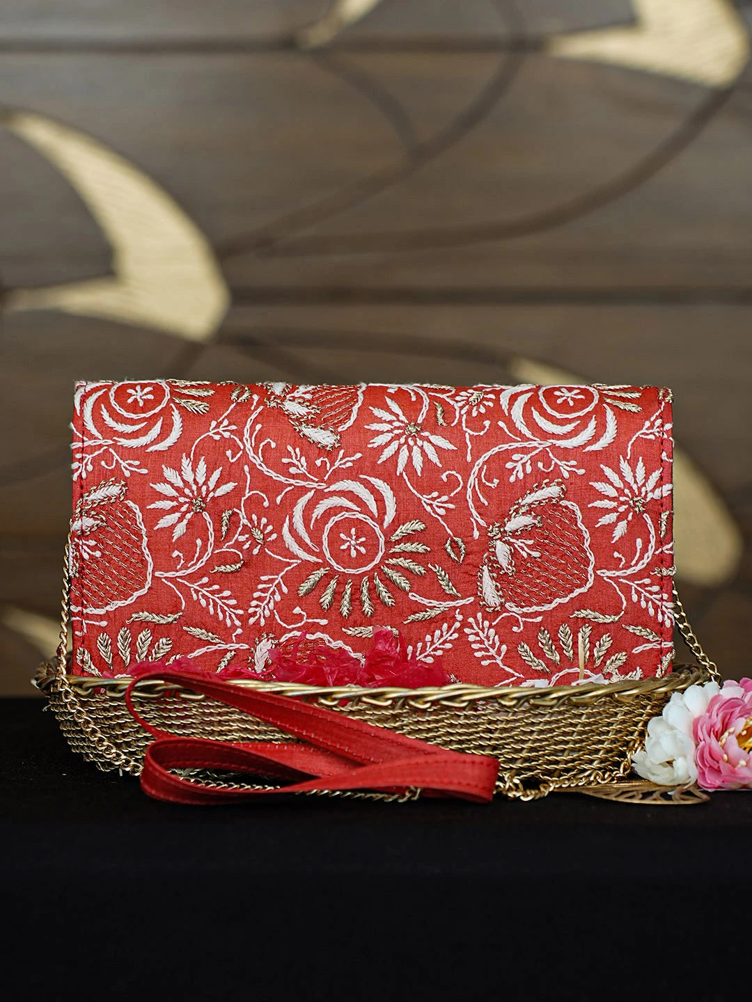 Ada Hand Embroidered Red Silk Lucknowi Chikankari Clutch With Zari Work 01A921511