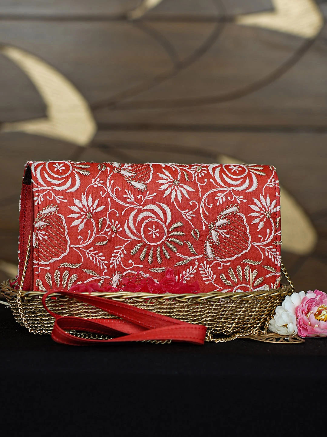 Ada Hand Embroidered Red Silk Lucknowi Chikankari Clutch With Zari Work 01A921511