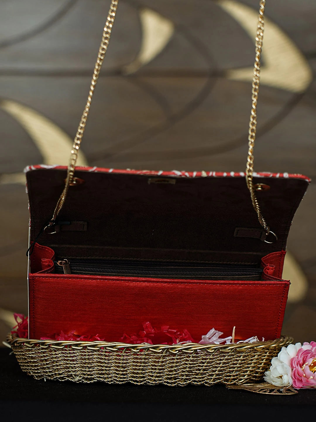 Ada Hand Embroidered Red Silk Lucknowi Chikankari Clutch With Zari Work 01A921511